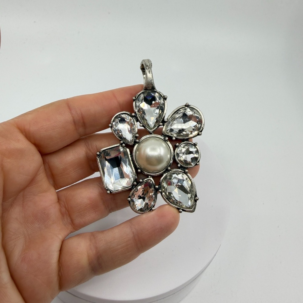 Large Boho Flower Pendant Faux Pearl Clear Crystal Silver Tone Gift